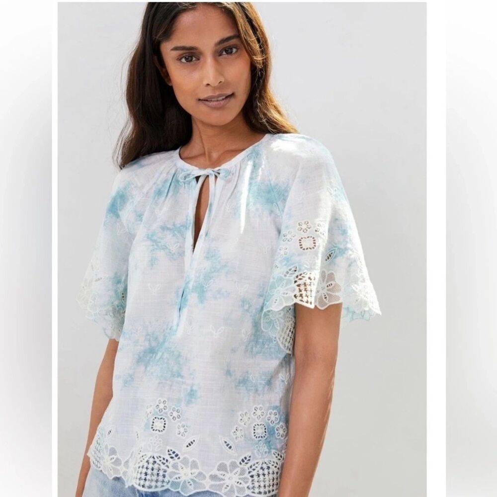 Anthropologie Olivia Embroidered Lace Tie Dye Blouse Womans Small Short Sleeve S